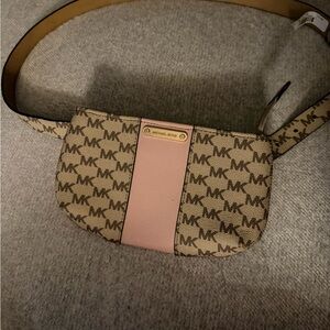 Michael Kors Beige Brown MK Logo fanny pack belt with Pink Center Panel